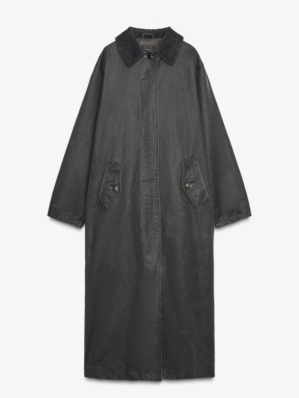 NWOT. Zara Anthracite Grey Waxed-Effect Long Trench Coat. Size M-L. - Picture 9 of 16